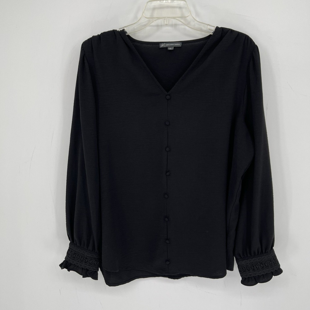Adrianna Papell Women's Black Lace Trim V-Neck Button Front Goth Blouse Size L